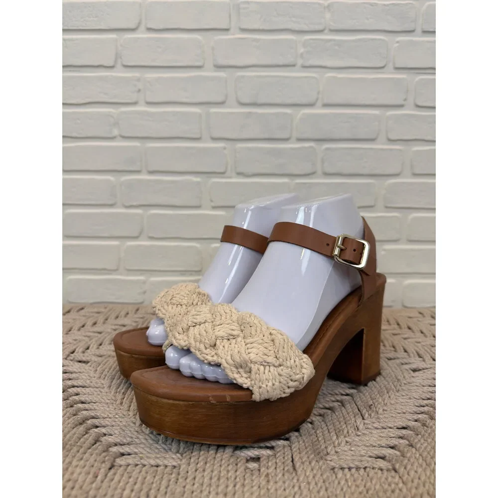 Seychelles Woven Platform Sandals Tan Wood Heel Size 8